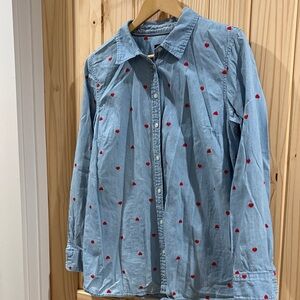 Talbots Light Blue Shirt with Red Embroidered Hearts